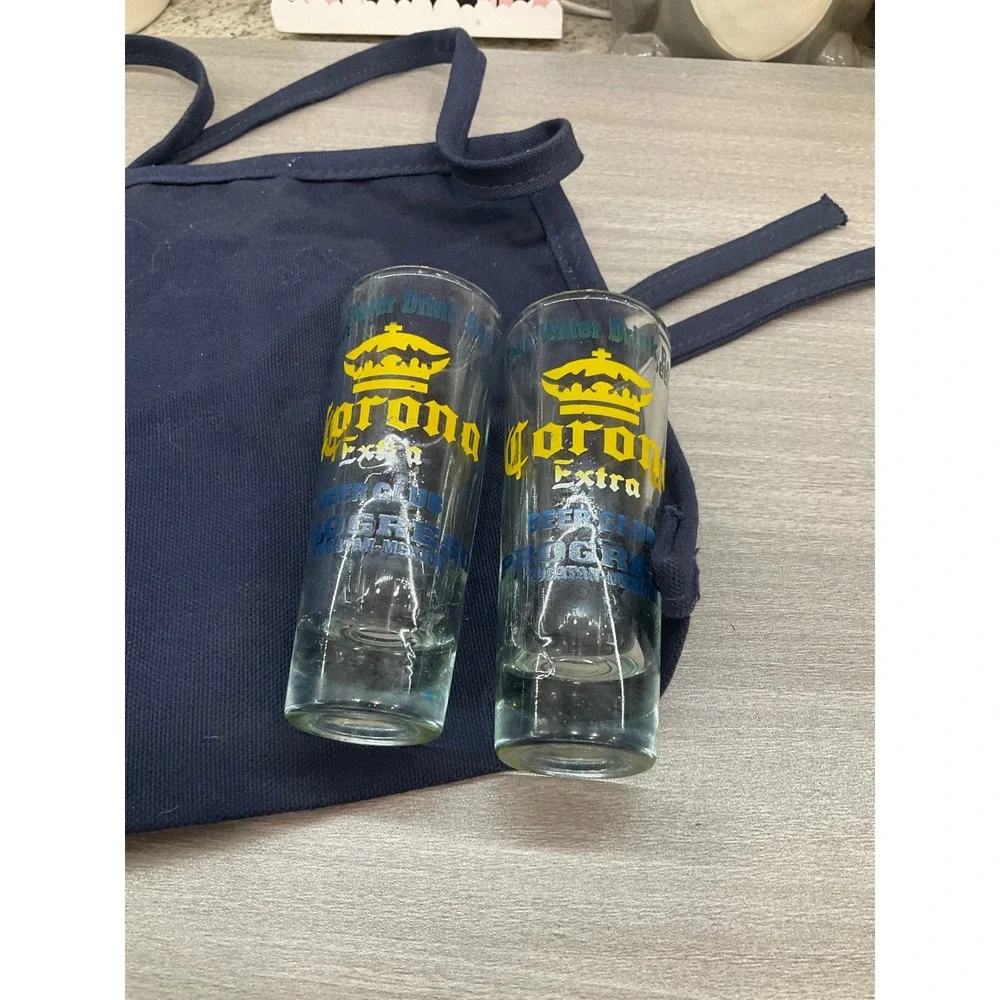 JIM BEAM BLACK BAR RAIL SPILL MAT CORONA APRON AND CORONA VINTAGE SHOT GLASSES